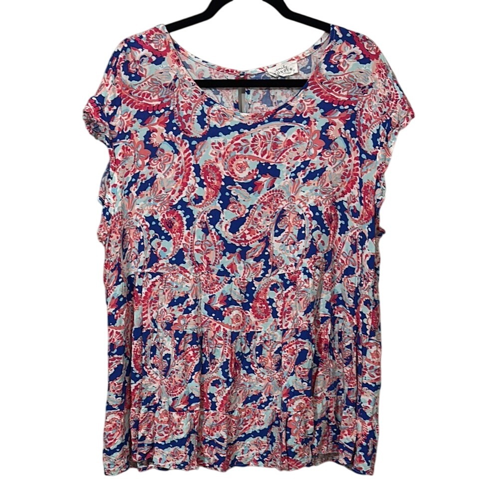 Emily Wonder Pink and Blue Relaxed Pleated Tiered Peplum Ruffle Blouse
